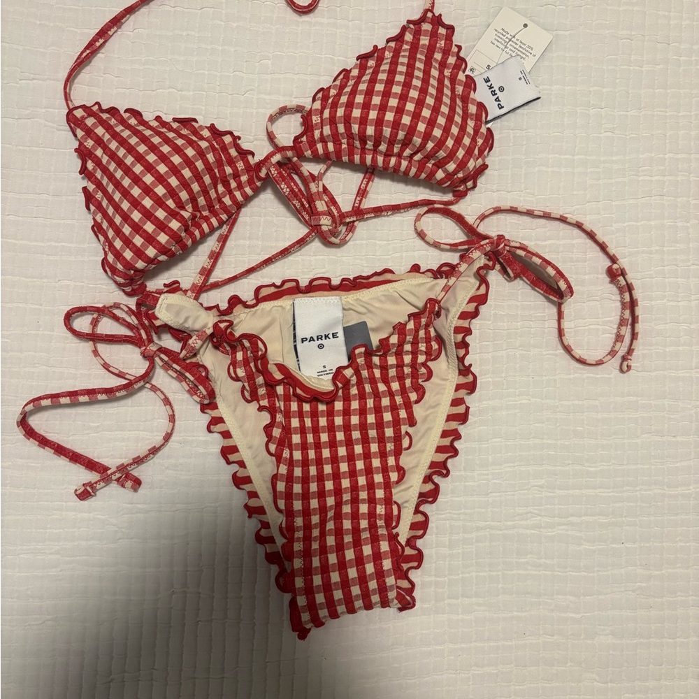 Red Gingham Ruffle Tie-Side Bikini Set - Picture 3 of 4